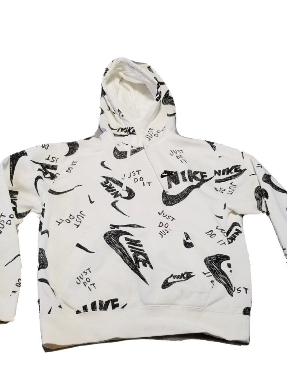 Nike Men Size Small All Over Print Logo Hoodie White Black 80% Cotton